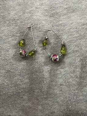 Floral Bead Hoop Earrings with Olive Green Accents